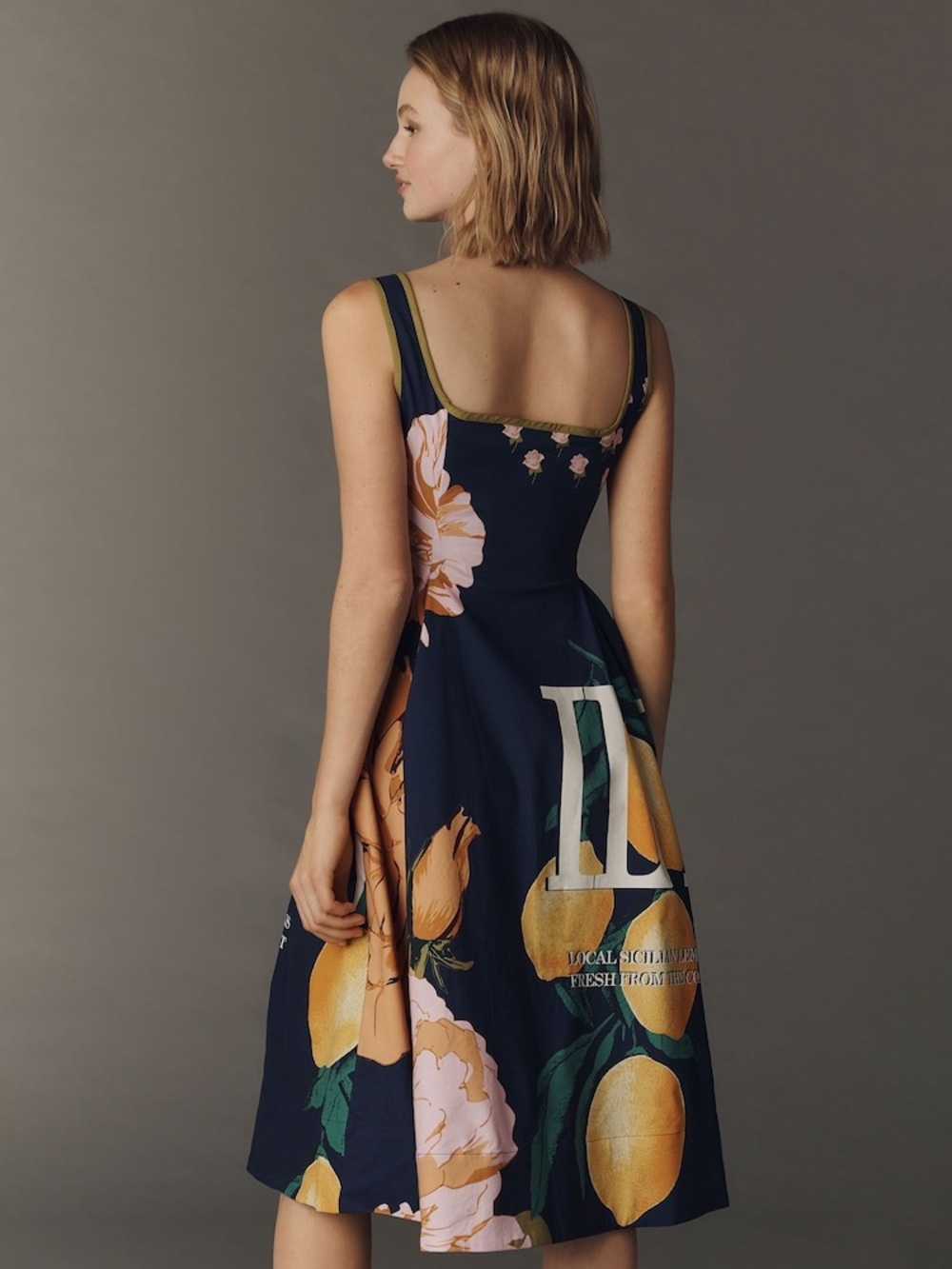 Maeve Navy Floral & Lemon Print Midi Dress - Picture 3 of 5